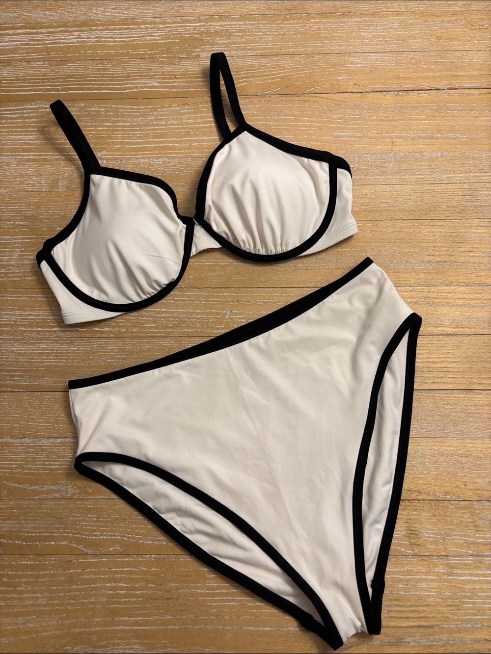 Shade & Shore Contrast Binding Demi White & Black High-Leg High-Rise Bikini